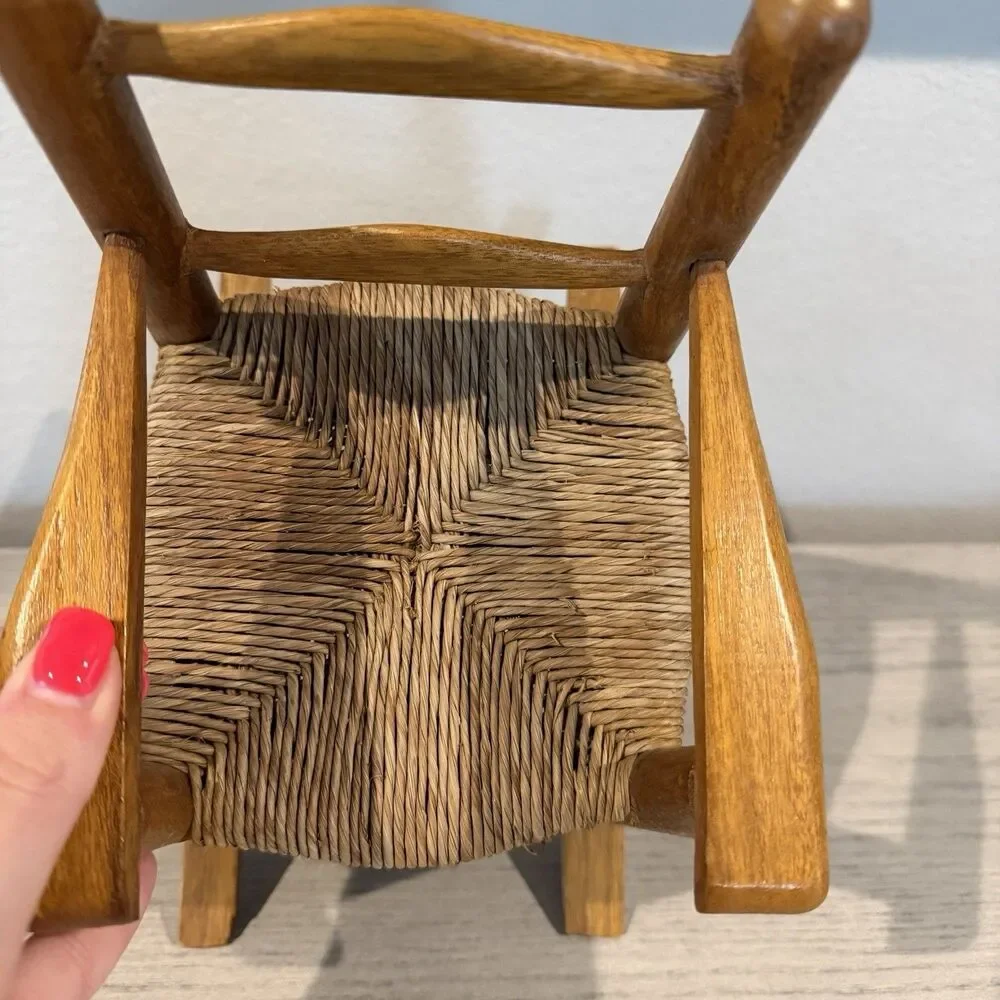 VINTAGE SMALL BROWN WOOD ROCKING CHAIR‎ HANDCRAFTED WICKER 9